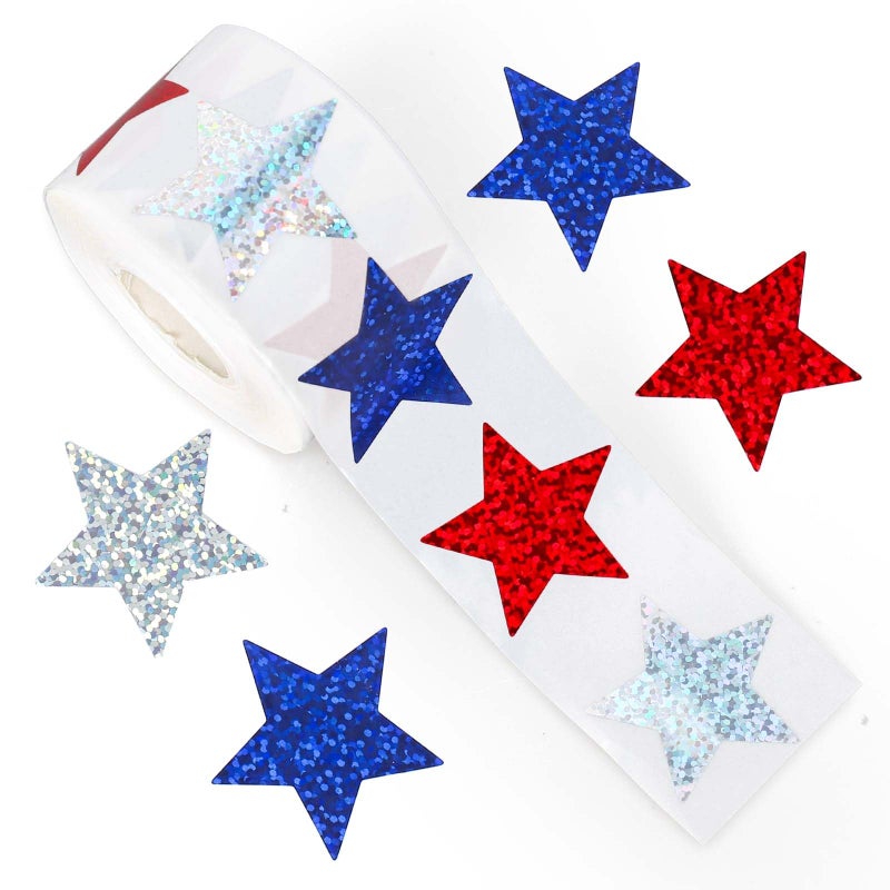 Whaline Patriotic Star Stickers Roll Glitter Star Waterproof Decals 4th of July Sparkly Self-Adhesive Stickers for Memorial Day Independence Day Party Supplies Envelope Scrapbook Decor, 500Pcs - Image 1